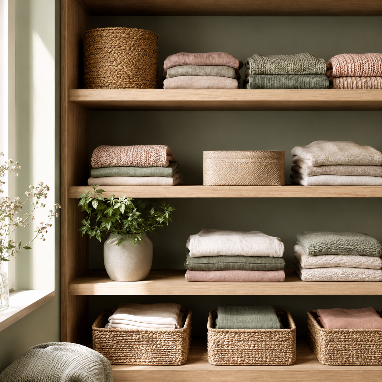 Neatly organised shelving with folded clothes and baskets